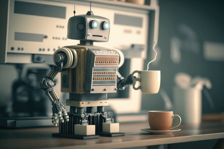 chatbot robot making coffee for busy office worker, created with generative aiの素材