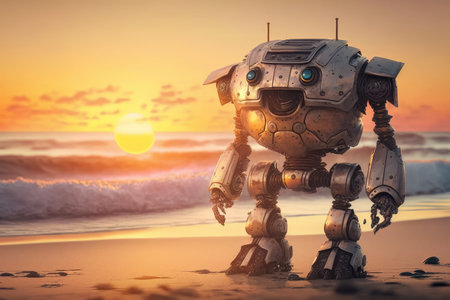 chatbot robot walking on the beach, with sunset in the background, created with generative aiの素材