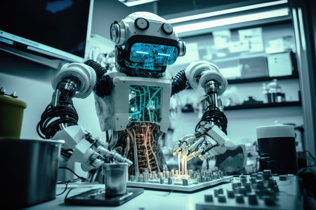 robot in futuristic, high-tech lab, performing experiments and tests, created with generative aiの素材