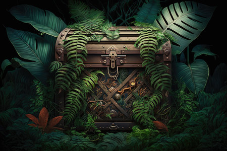 mysterious chest in the jungle among leaves and stems of trees, created with generative aiの素材