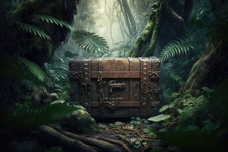 large fallen wooden trunk chest in jungle, created with generative aiの素材