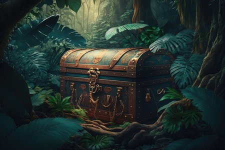 beautiful secret treasure chest in the jungle, created with generative aiの素材
