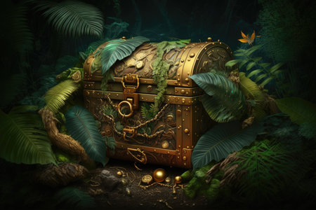 golden chest in the jungle with treasures and valuables, created with generative aiの素材