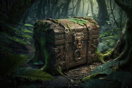 lonely treasure chest in the jungle among cold trees, created with generative aiの素材