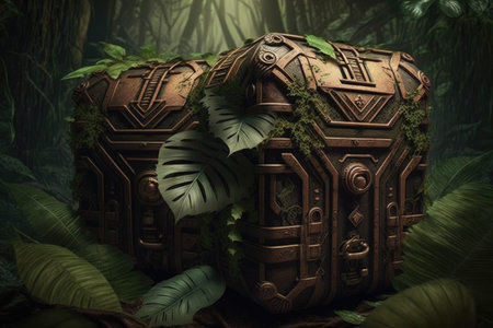 jagged chests in the jungle made of old wood, created with generative aiの素材