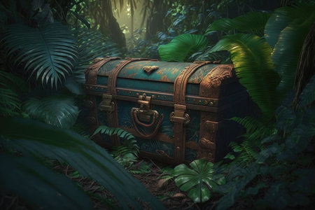 forgotten chest in the jungle among tropical plants, created with generative aiの素材