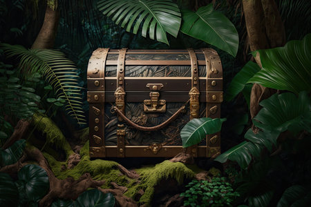 forgotten chest in the jungle among tropical plants, created with generative aiの素材