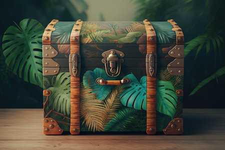bright wooden chest in the jungle on light background, created with generative aiの素材