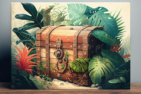bright wooden chest in the jungle on light background, created with generative aiの素材