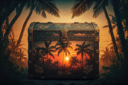 chest in the jungle among palm trees against background of sunset, created with generative aiの素材