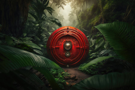 beautiful red chest in the jungle with burning circle around, created with generative aiの素材