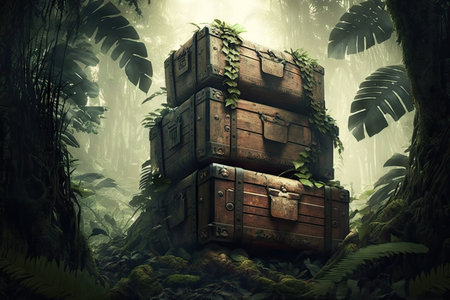 chest in the jungle wooden boxes on hill, created with generative aiの素材