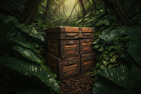chest in the jungle wooden boxes on hill, created with generative aiの素材