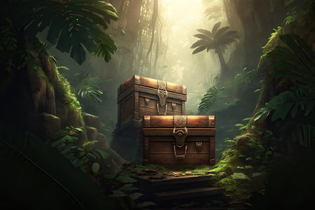 chest in the jungle wooden boxes on hill, created with generative aiの素材
