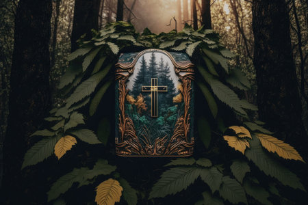 gods chest in forest among tree foliage, created with generative aiの素材