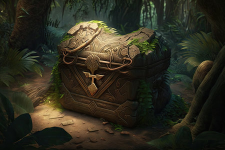 chest in the jungle built of tree trunk and stone, created with generative aiの素材