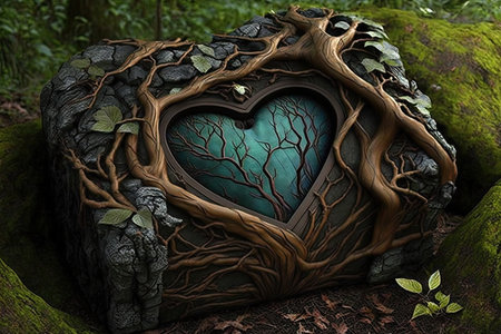 chest in the jungle built of tree trunk and stone, created with generative aiの素材