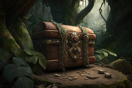 chest in the jungle built of tree trunk and stone, created with generative aiの素材