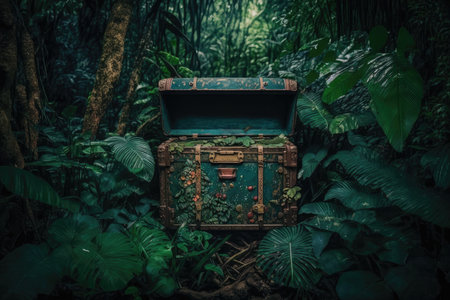 chest in the jungle hidden among tropical vegetation, created with generative aiの素材