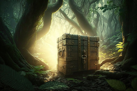 chest in the jungle among tree trunks and light rays, created with generative aiの素材