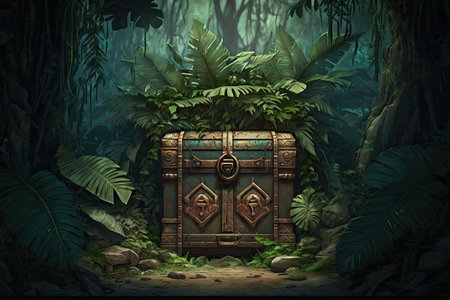 stand with chests in the jungle among lush greenery, created with generative aiの素材