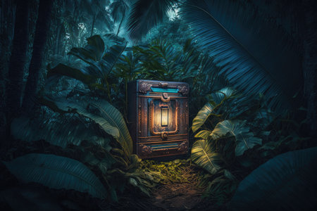 glowing chest in the jungle among palm trees, created with generative aiの素材