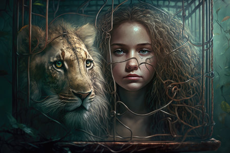 girl in the lions cage chest in the jungle, created with generative aiの素材