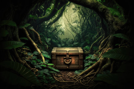 chest lying between branches of trees in dark jungle, created with generative aiの素材