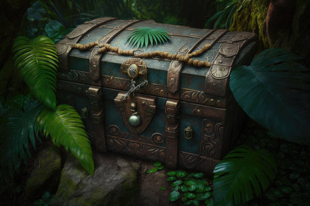treasure in stone chest in the jungle among vegetation, created with generative aiの素材