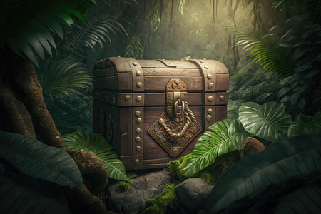 treasure in stone chest in the jungle among vegetation, created with generative aiの素材