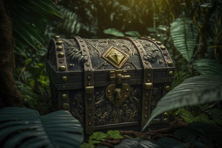 treasure in stone chest in the jungle among vegetation, created with generative aiの素材