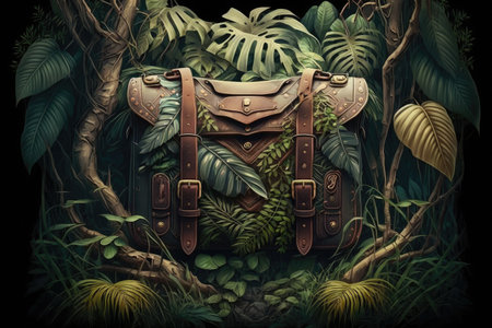 chest in jungle with bag on branches of tropical tree, created with generative aiの素材