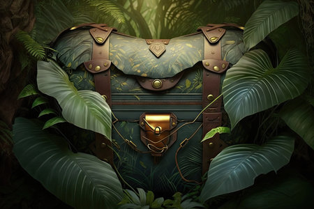 chest in jungle with bag on branches of tropical tree, created with generative aiの素材