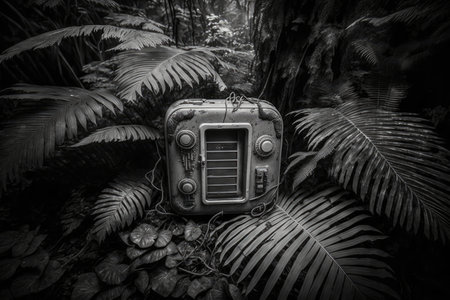 composition in black white of chest in the jungle and ferns around, created with generative aiの素材