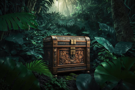 beautiful exotic chest in the jungle against backdrop of dense evergreen forest, created with generative aiの素材