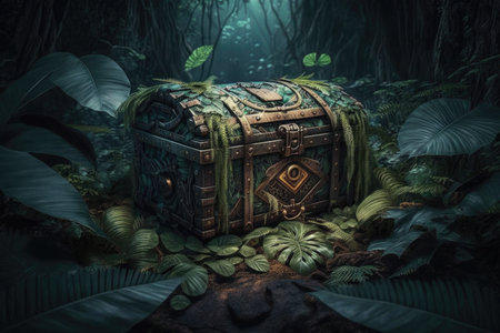 treasure chest lying in middle of overgrown jungle, created with generative aiの素材