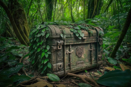 abandoned chest buried in greenery of jungle, created with generative aiの素材