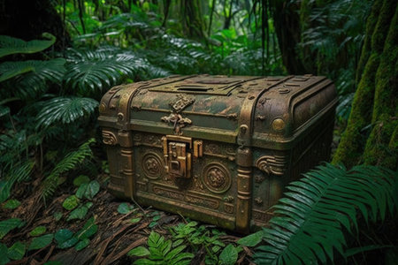 abandoned chest buried in greenery of jungle, created with generative aiの素材