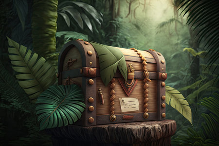 wooden chest with envelope on blurred background in jungle, created with generative aiの素材