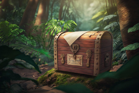 wooden chest with envelope on blurred background in jungle, created with generative aiの素材