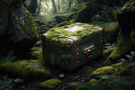 box lying in moss on stones chest in the jungle, created with generative aiの素材