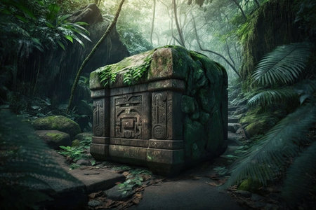 large stone chest in the jungle in middle of green forest, created with generative aiの素材