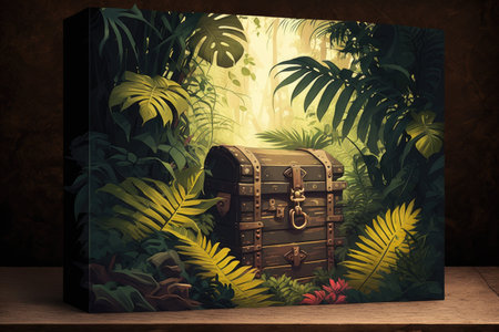treasure chest in rustic style on yellow background of jungle, created with generative aiの素材