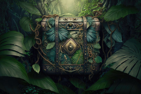 chest in the jungle among leaves hanging from tree, created with generative aiの素材
