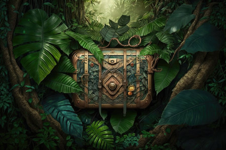 chest in the jungle among leaves hanging from tree, created with generative aiの素材