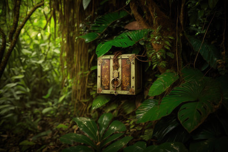 chest in the jungle among leaves hanging from tree, created with generative aiの素材