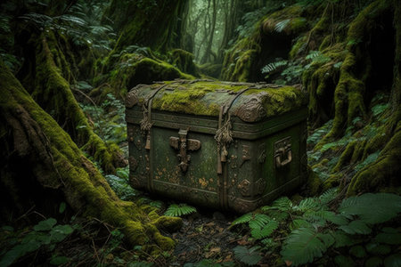 large overgrown with moss ancient chest in the jungle, created with generative aiの素材