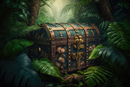 treasure chest against background of lush tropical jungle, created with generative aiの素材