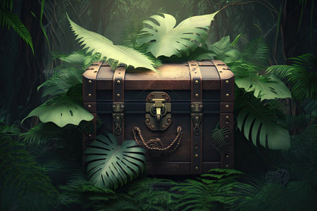 wooden chest in the jungle with padlock isolated on white background, created with generative aiの素材