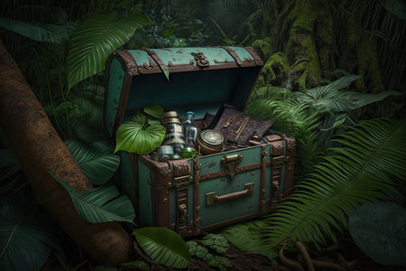 chest with old stuff and boxes in the jungle, created with generative aiの素材